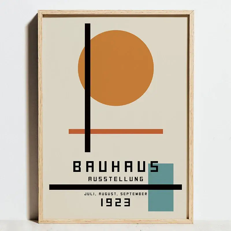 Minimalist framed poster with bauhaus geometric exhibition design featuring orange circle and black terracotta lines on beige for decorbites exhibition posters