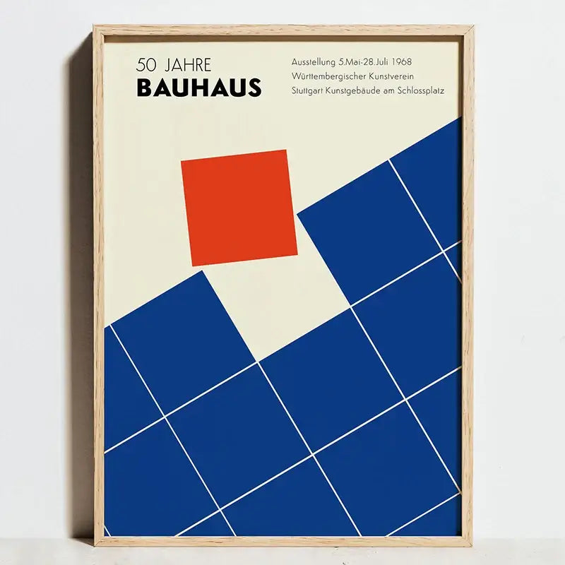 Minimalist cream background DecorBites™ bauhaus geometric exhibition poster with vibrant red and deep blue squares on canvas