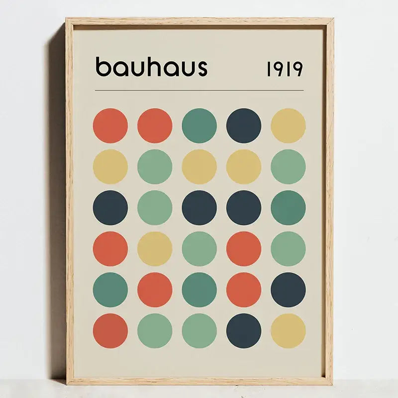A minimalist framed canvas art featuring bauhaus geometric exhibition logo and colorful circles for exhibition posters
