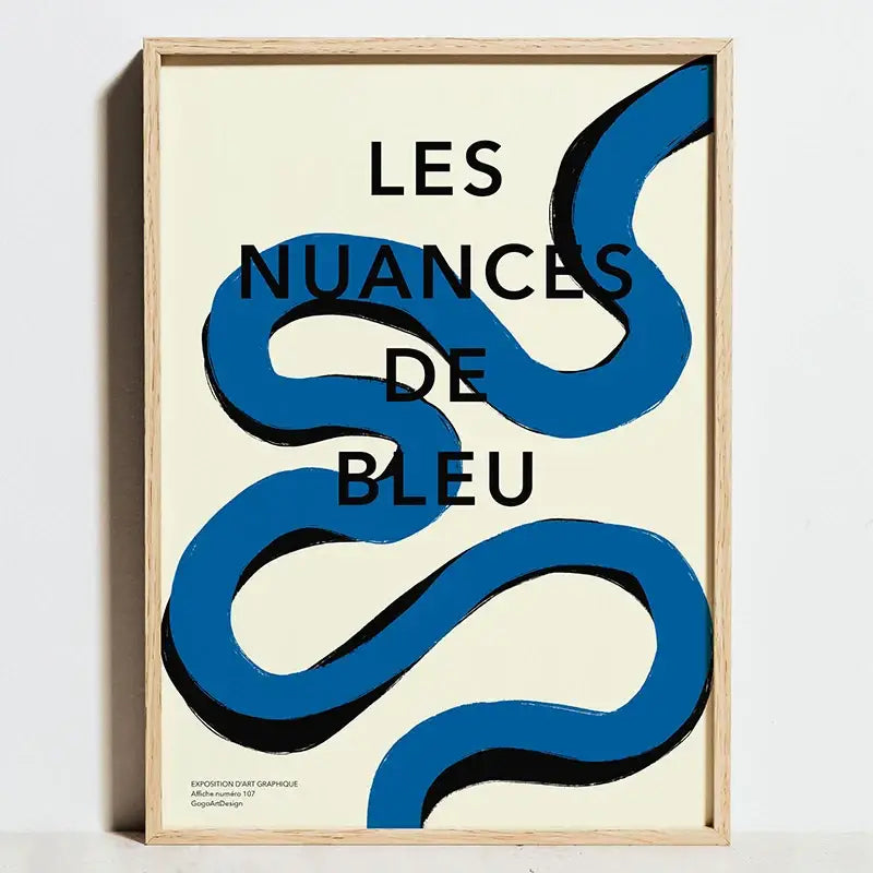 Minimalist framed decorbites bauhaus geometric exhibition poster with bold blue wavy lines on cream canvas in light wood frame