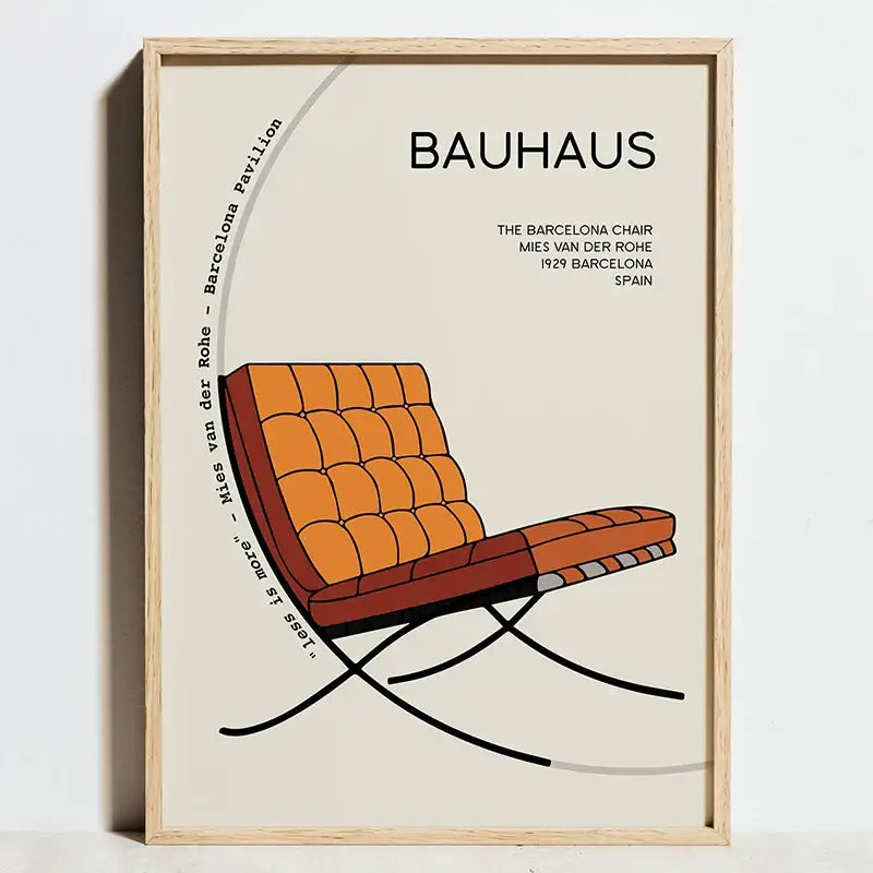Orange tufted leather barcelona chair poster in light wood frame for bauhaus geometric exhibition posters decor