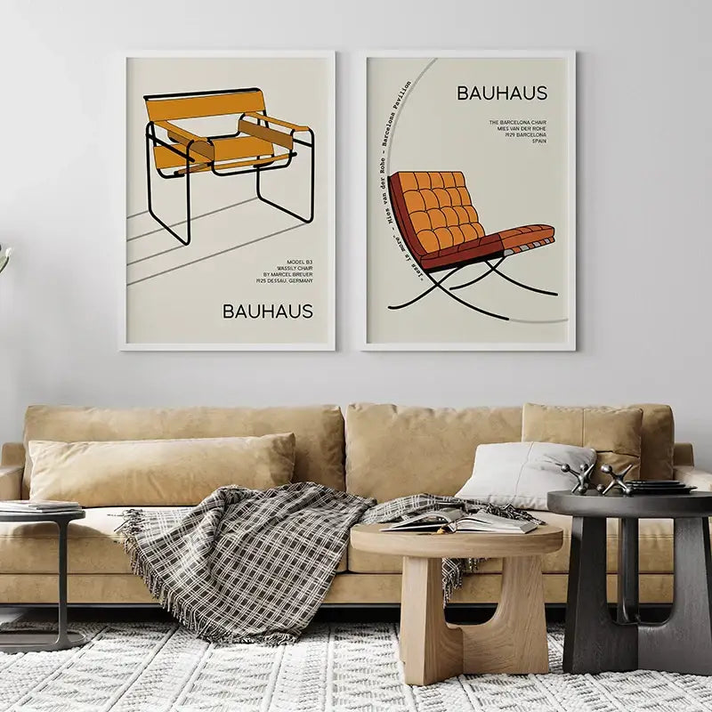 Two framed bauhaus geometric exhibition posters featuring mustard yellow and orange modernist chairs on canvas art