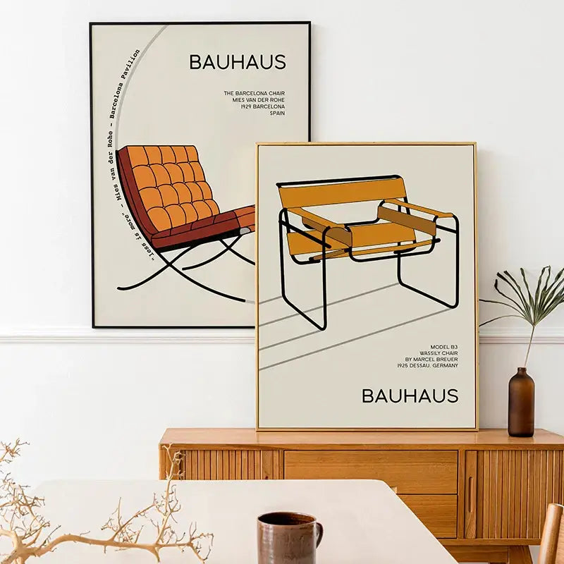 Two framed bauhaus geometric exhibition posters featuring an orange tufted barcelona chair and yellow wassily chair