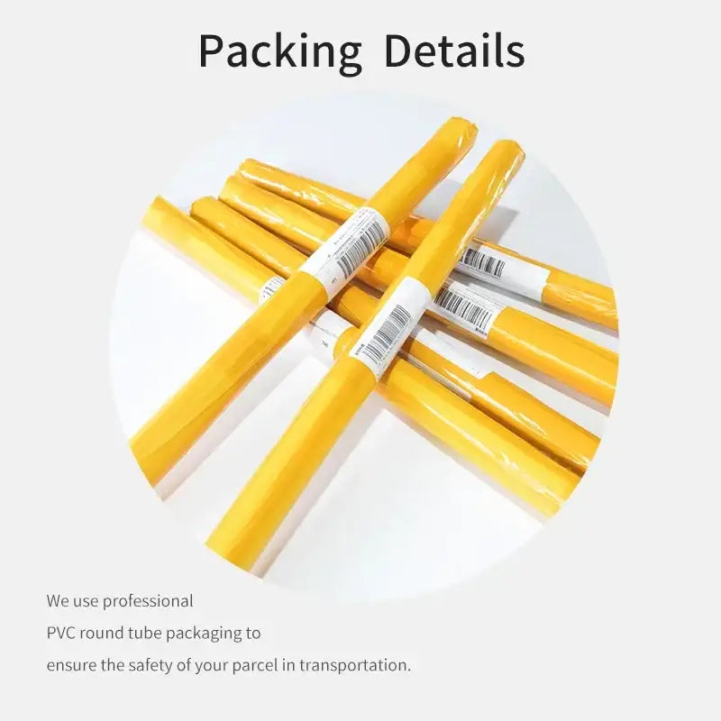 Yellow pvc round tubes wrapped in clear plastic with barcode labels for decorbites bauhaus geometric exhibition posters