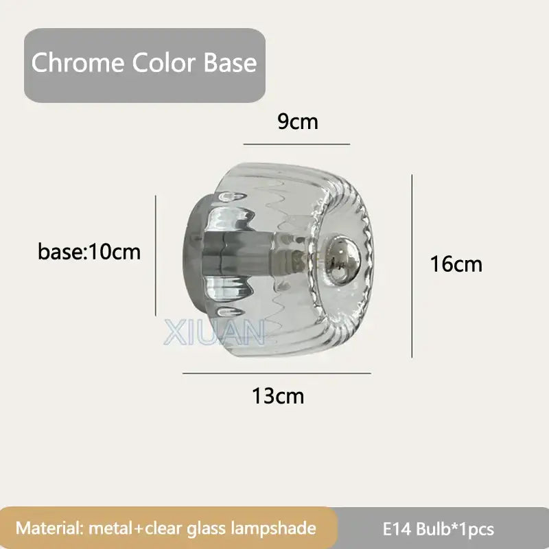 Bauhaus glass e14 wall lamp with clear ribbed glass lampshade and chrome metal base for living room use