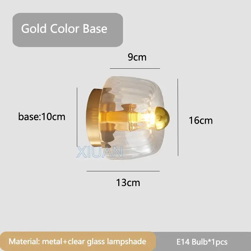Gold-colored metal base bauhaus glass e14 wall lamp with clear ribbed glass e14 wall sconce for living room