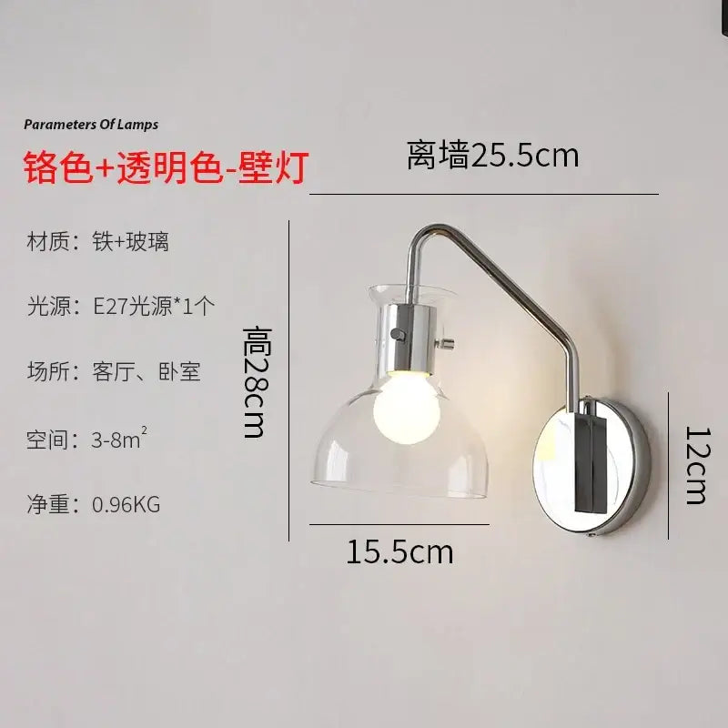 Chrome-finished metal and clear glass bauhaus glass led wall lamp with curved arm and dome-shaped shade for bedroom