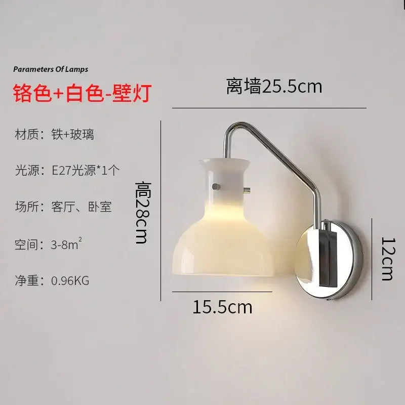 Chrome-finished metal and white glass bauhaus glass led wall lamp with curved arm for bedroom lighting