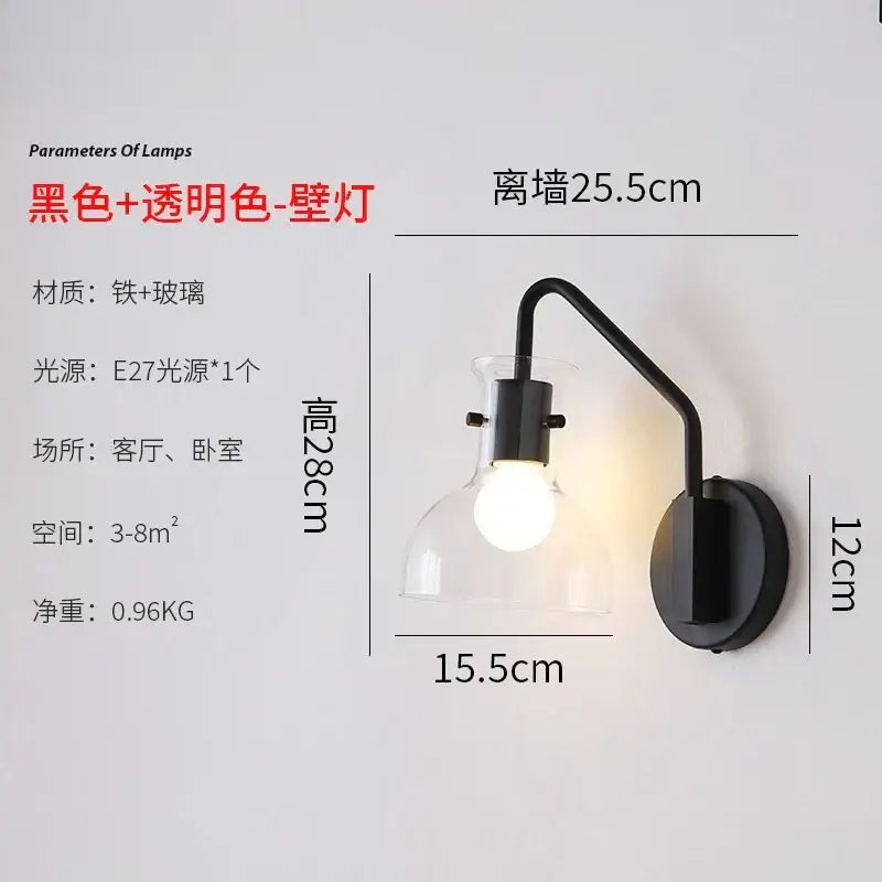 Black metal bauhaus glass led wall lamp with curved arm and clear glass sconce for bedroom lighting