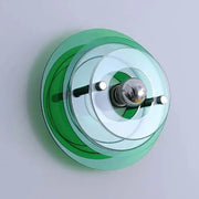 Modern bauhaus led wall sconces featuring circular green and clear glass rings with chrome bulb holder for bedroom or living room
