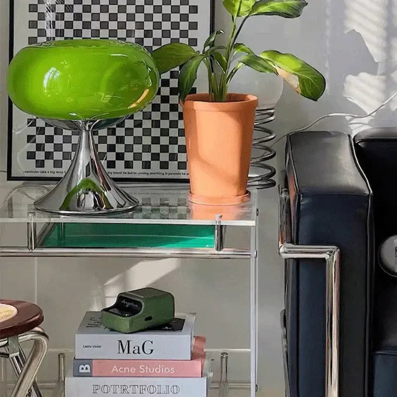 Vibrant green glossy bauhaus led table lamp with sleek chrome base for stylish living room lighting