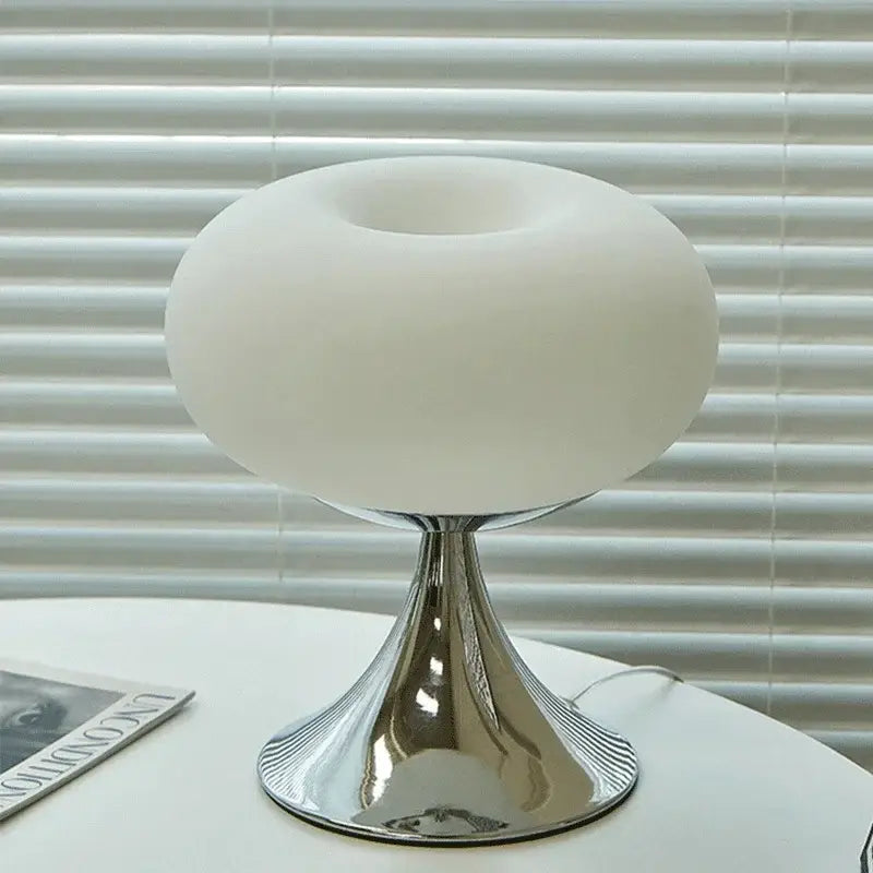 Bauhaus led table lamp with green glass dome and polished chrome base ideal for living room lighting