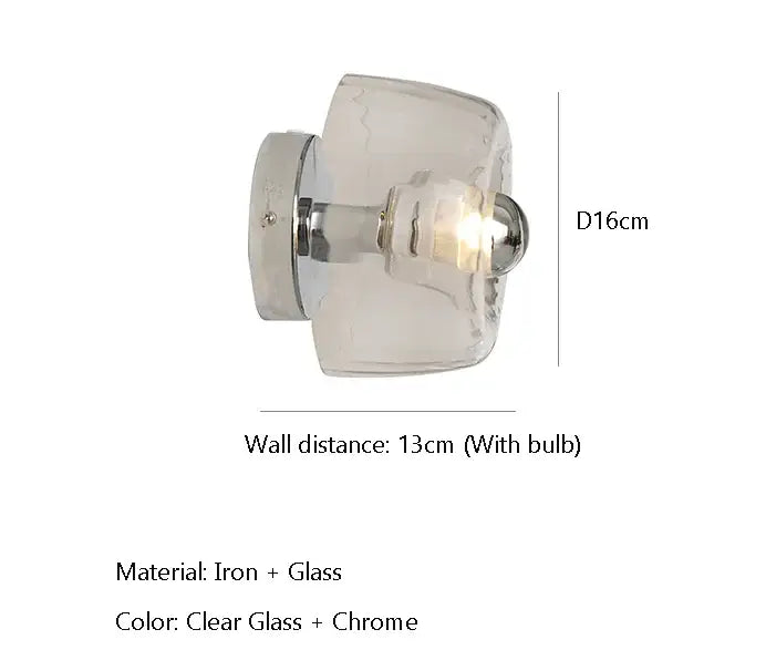 Bauhaus led wall sconces with clear ridged glass, chrome iron mounting bracket, and spherical bulb housing for aisle lighting