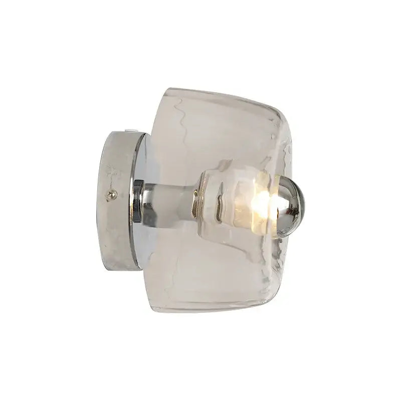 Clear textured glass bauhaus led wall sconces with polished chrome base and spherical accent for aisle lighting