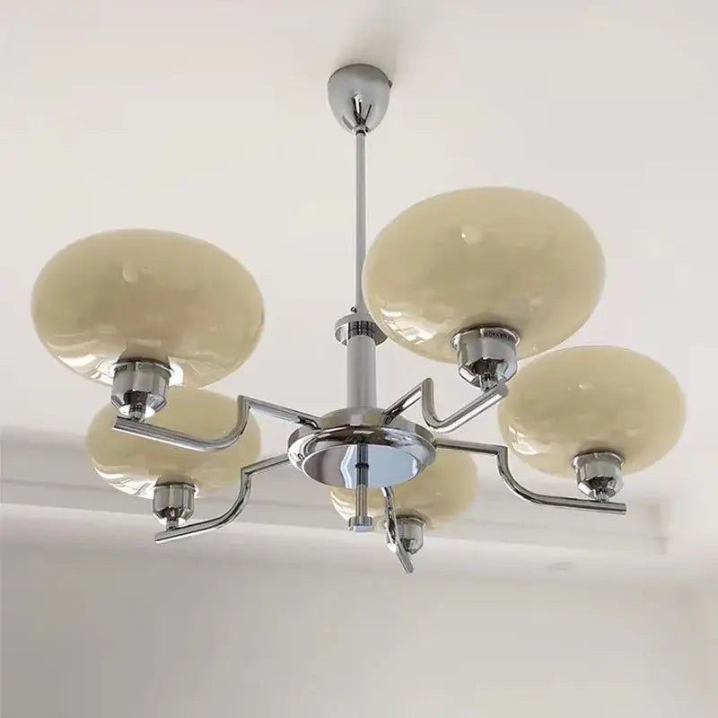 Chrome finished bauhaus medieval chandelier with five creamy opal glass shades for living room lighting