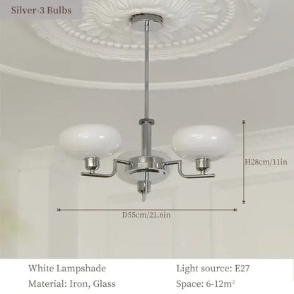 Silver-finished bauhaus medieval chandelier with chrome frame and frosted white glass lampshades for living room lighting