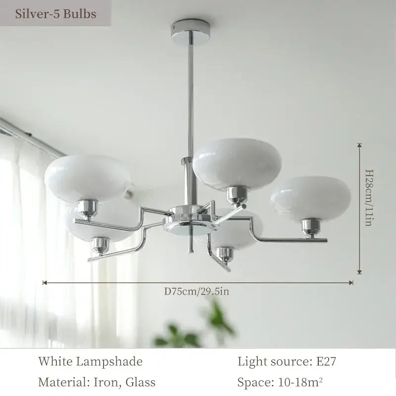 A bauhaus medieval chandelier with five white frosted glass lampshades and a polished chrome iron frame for living rooms