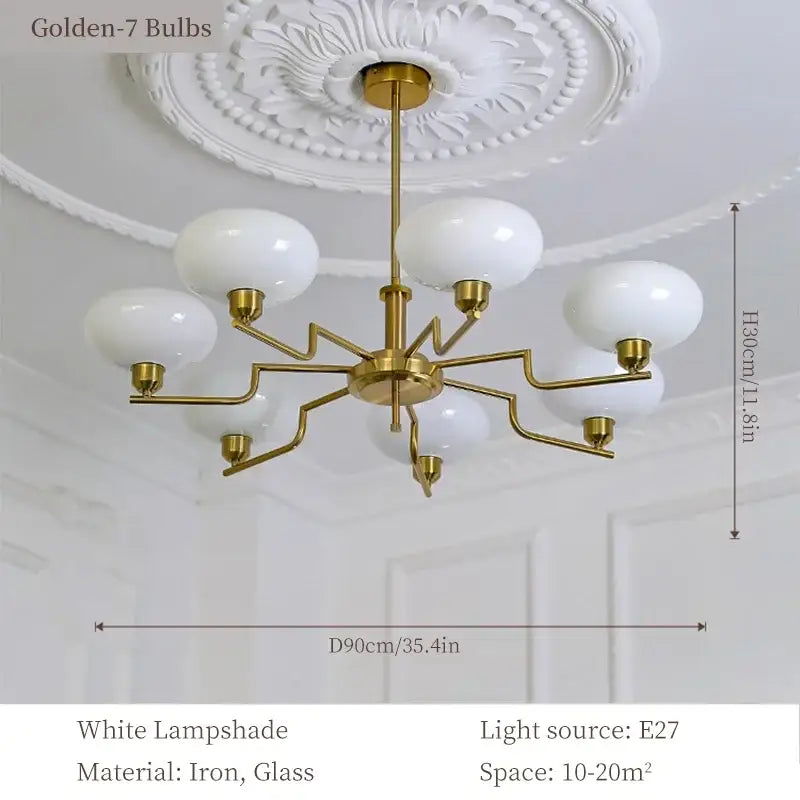 Gold-finished bauhaus medieval chandelier with seven white glass lampshades for living room lighting