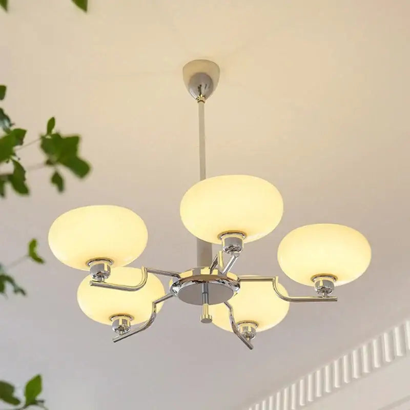 Chrome finished bauhaus medieval chandelier with five frosted glass shades for living room lighting