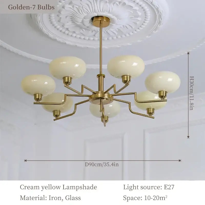 Golden-7 bulbs bauhaus medieval chandelier with cream yellow glass lampshades and brass iron frame for living room light