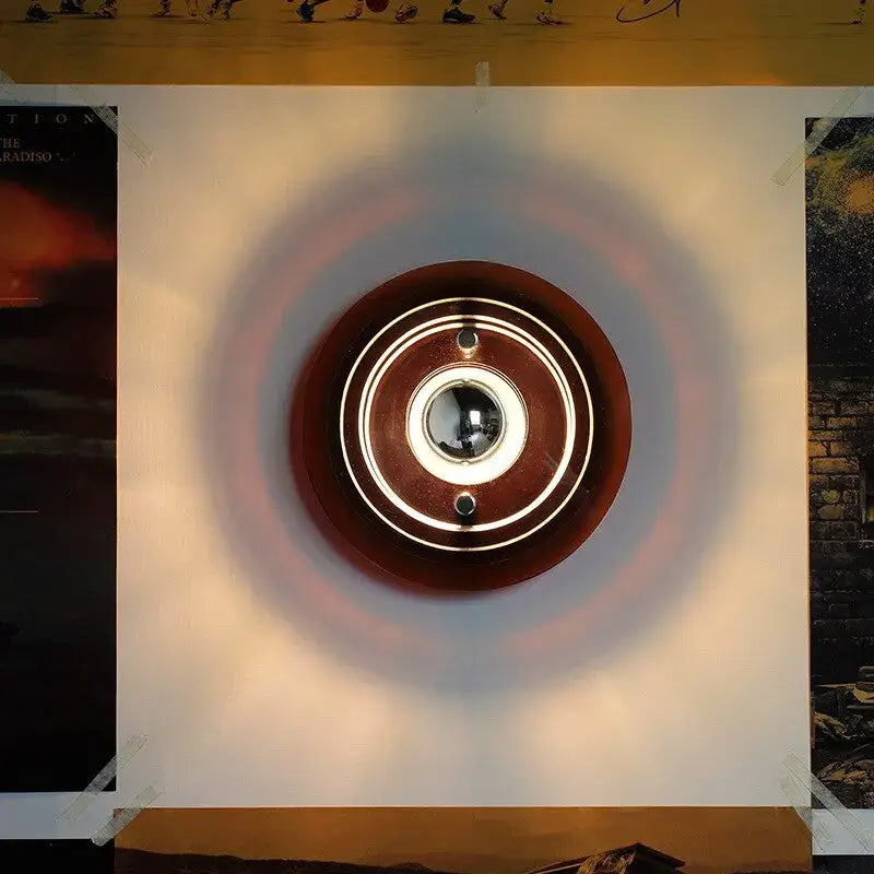 Bauhaus modern acrylic ufo led wall lamp with warm brown wooden frame and chrome rings for living room decorbites led wall lamp