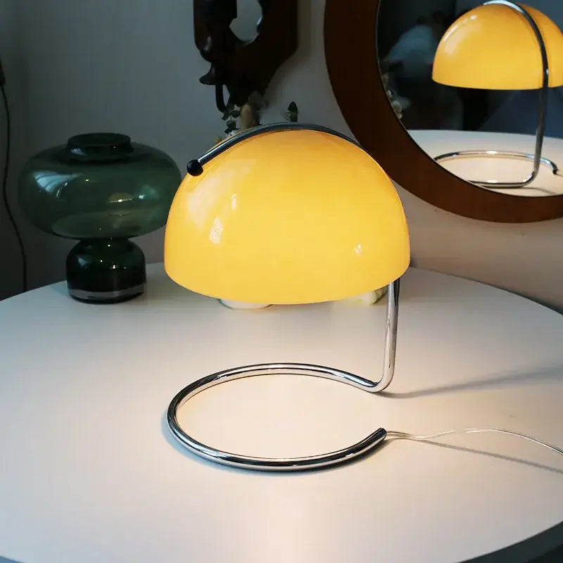 Vibrant yellow bauhaus mushroom modern desk lamp with chrome base and curved stand for fireless aromatherapy use