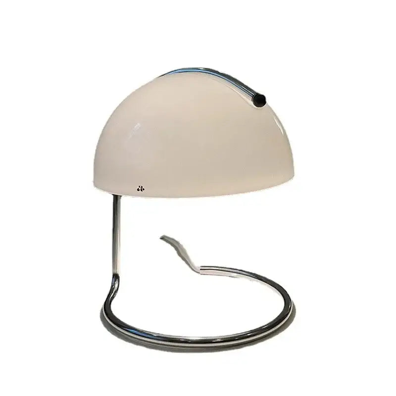 Cream-colored bauhaus mushroom modern led desk lamp with sleek chrome base and curved support arm for bedroom aromatherapy
