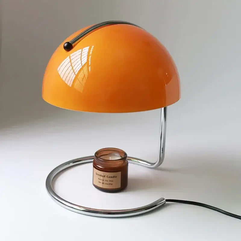 Vibrant orange bauhaus mushroom modern led desk lamp with chrome base and curved handle for bedroom aromatherapy use