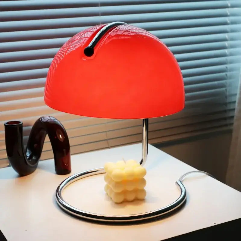 Vibrant red bauhaus mushroom modern led desk lamp with glossy ribbed acrylic shade and chrome base for bedroom aromatherapy