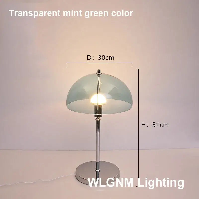 Bauhaus mushroom table lamp with transparent mint green dome glass shade on chrome metal stand for bedroom night light