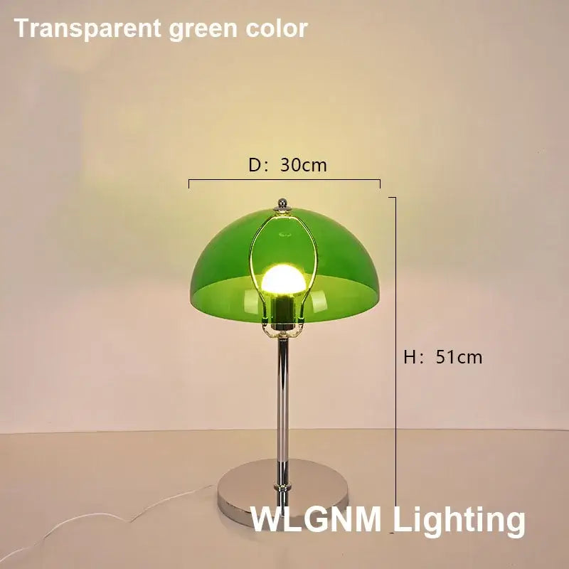 Transparent green bauhaus mushroom table lamp with chrome base and stem ideal for bedroom night light use