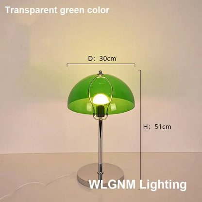 Transparent green bauhaus mushroom table lamp with chrome base and stem ideal for bedroom night light use