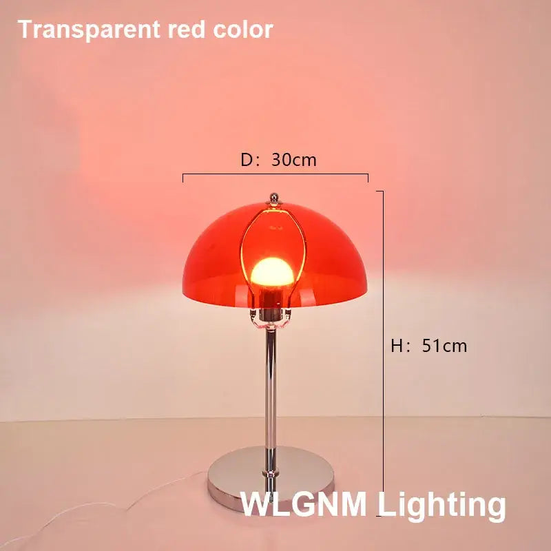 Transparent red bauhaus mushroom table lamp with chrome stem and base ideal for bedroom night light