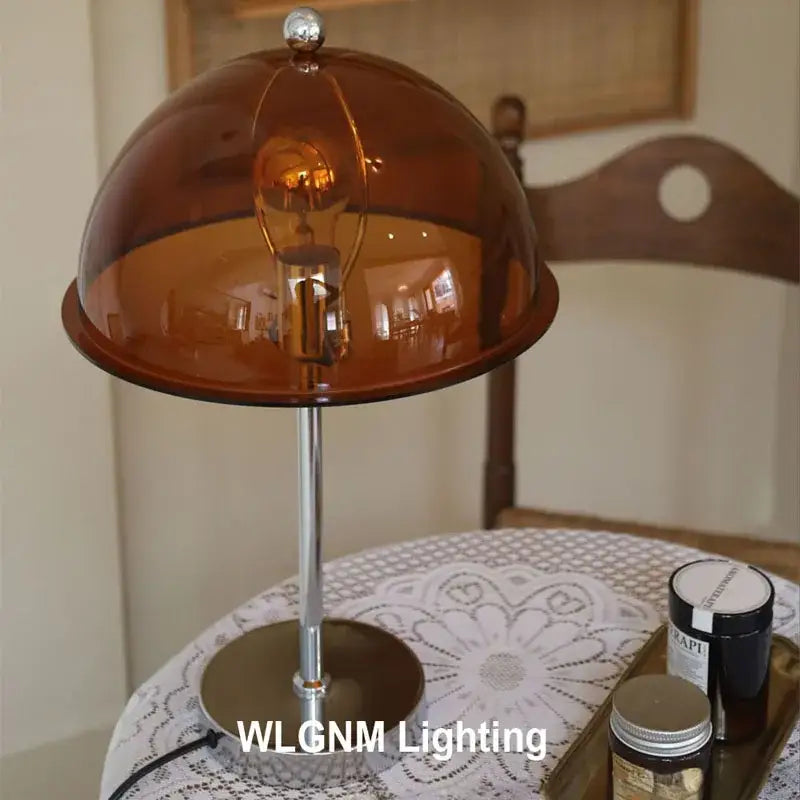 Amber glass dome bauhaus mushroom table lamp with chrome stem and base for bedroom night light use