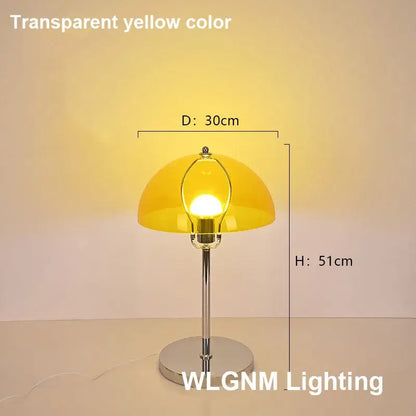 Transparent yellow bauhaus mushroom table lamp with chrome base and stem ideal for bedroom night light