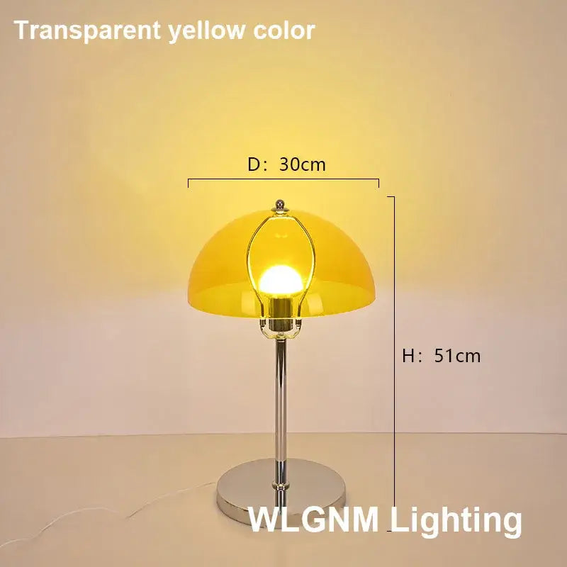 Transparent yellow bauhaus mushroom table lamp with chrome base and stem ideal for bedroom night light