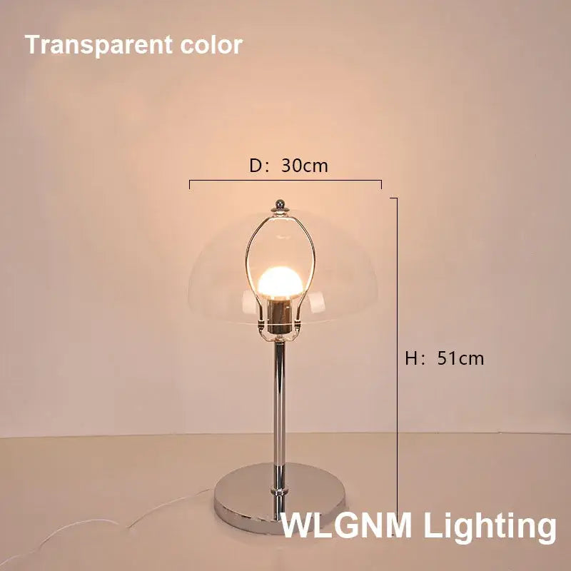 Transparent glass dome bauhaus mushroom table lamp with chrome-finished base and blue night light for bedroom use