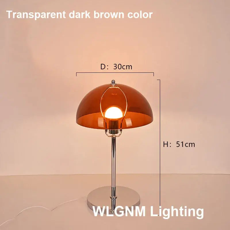 Transparent dark brown bauhaus mushroom table lamp with chrome stem and base ideal for bedroom night light