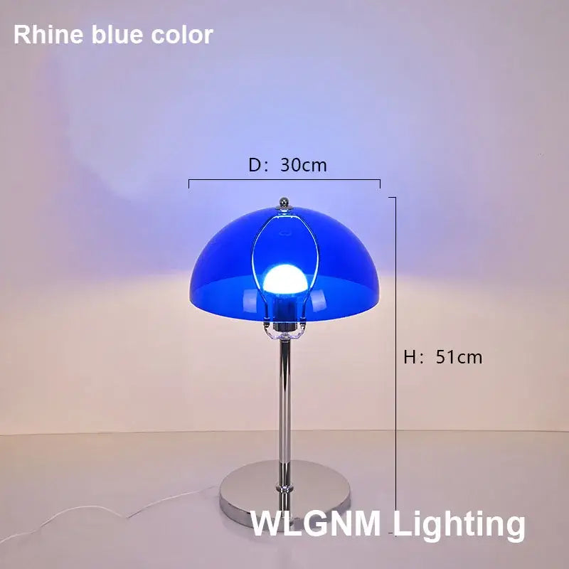 Bauhaus mushroom table lamp with a vibrant rhine blue dome shade and sleek chrome stand for bedroom night light