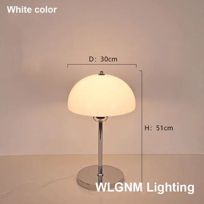 White dome-shaped bauhaus mushroom table lamp with chrome base and stem by wlgnm lighting for bedroom night light