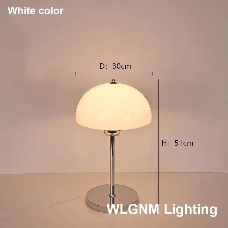 White dome-shaped bauhaus mushroom table lamp with chrome base and stem by wlgnm lighting for bedroom night light