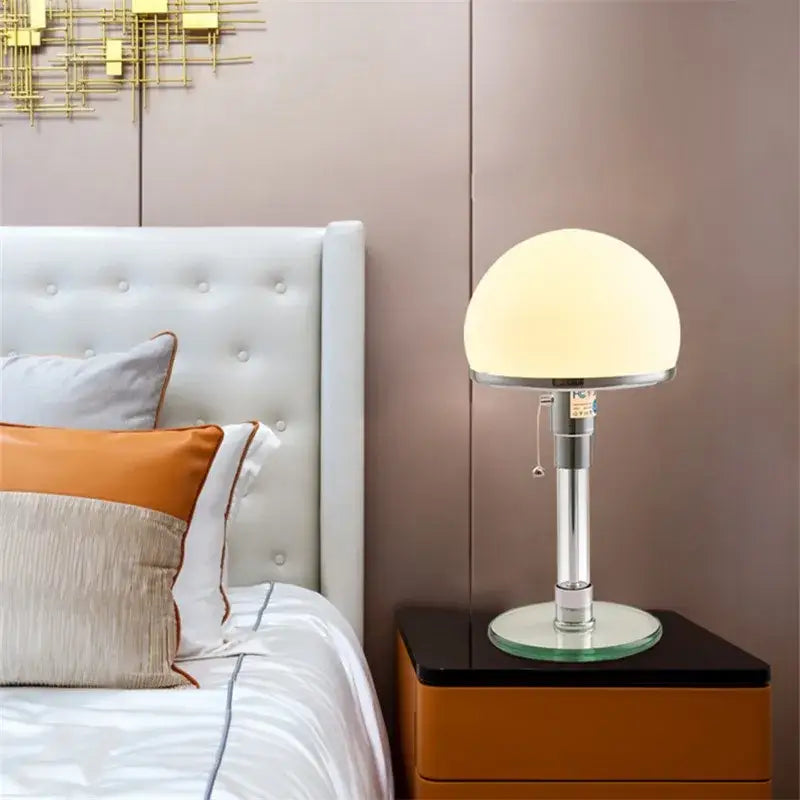 Bauhaus mushroom table lamp with milk white frosted glass dome shade and polished chrome base for bedroom lighting