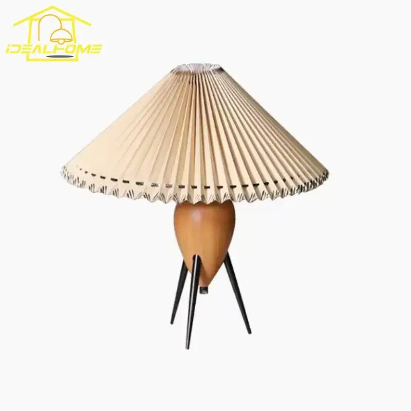 Beige bauhaus pleated wood table lamp with teardrop wooden base and black tripod legs for bedroom desk lighting
