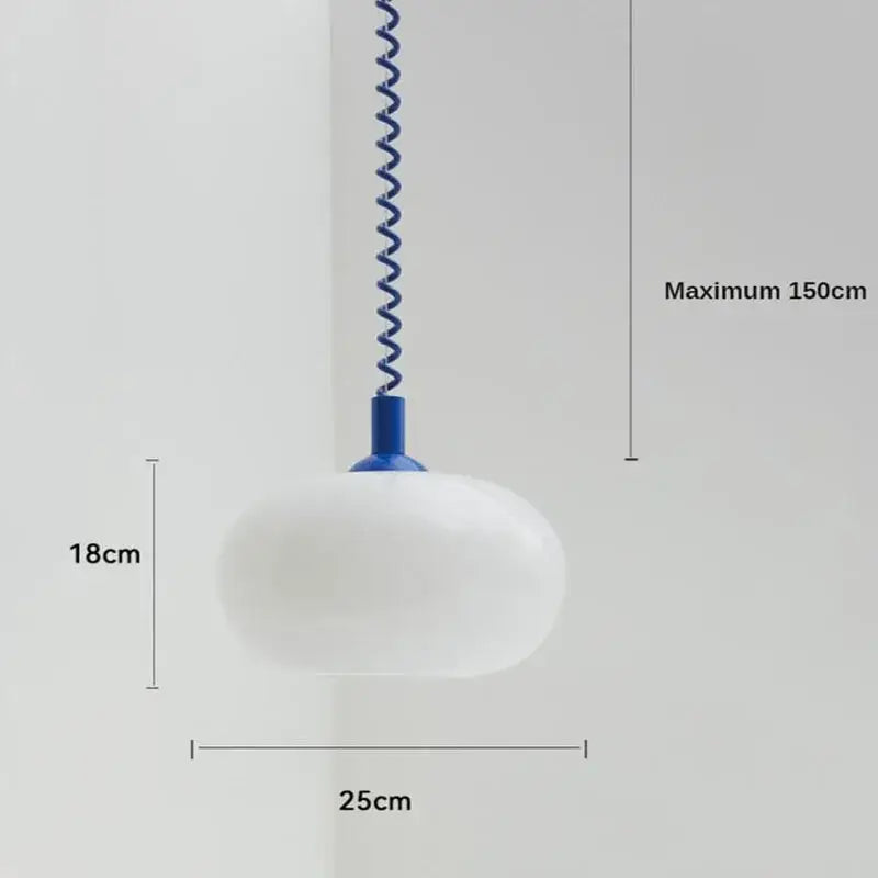 Bauhaus glass pendant light featuring a minimalist white glass shade and blue twisted metal cord for dining room use