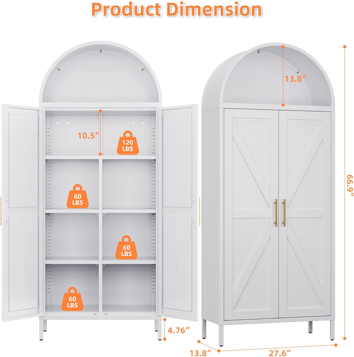 Weißer Küchen-Vorratsschrank, Gebogener Stauraumschrank mit Türen und einstellbaren Regalen, Hoher freistehender Schrank für Wäscheraum, Esszimmer, Wohnzimmer, Badezimmer