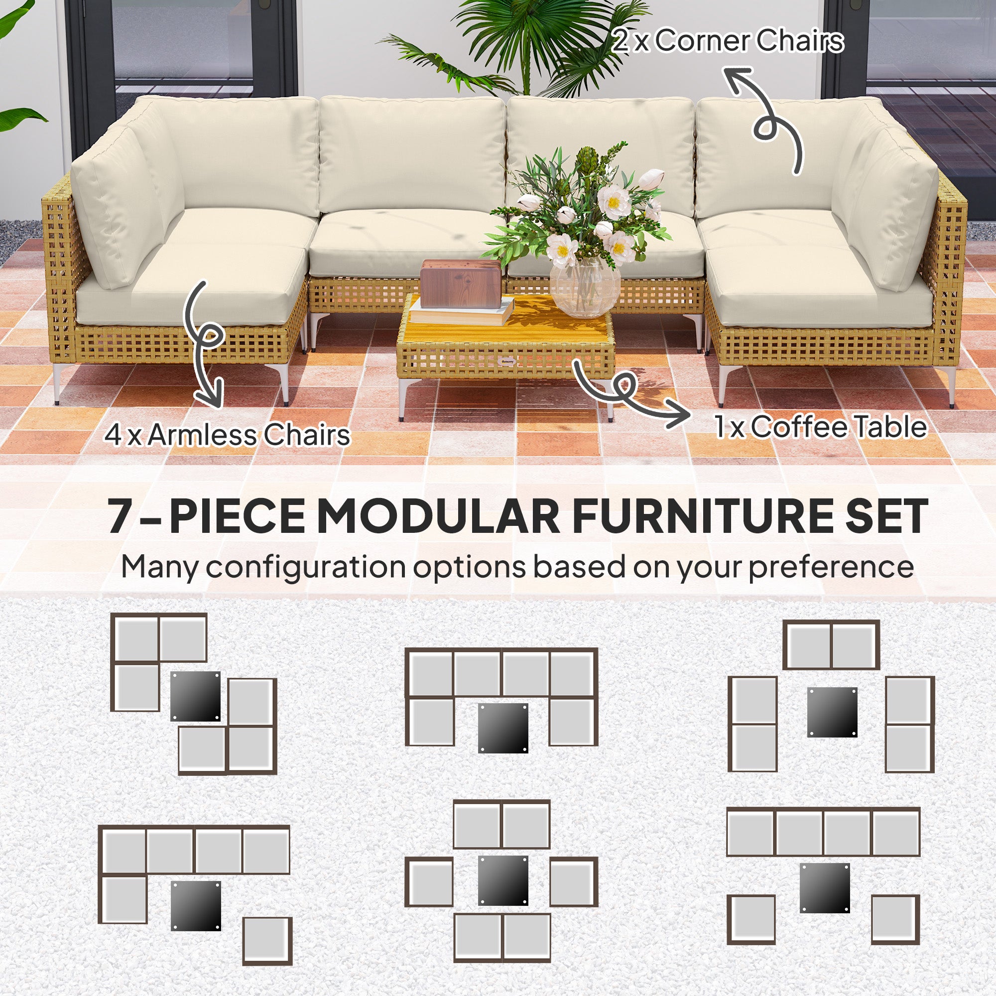 Wicker Patio Furniture Set 7-Piece Khaki Beige