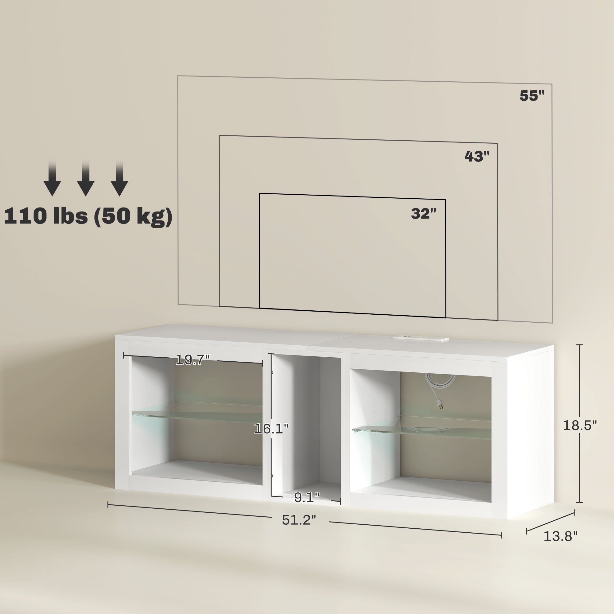 TV-Ständer Center für 55" mit LED-Lichtern und Stromsteckdosen TV-Fernsehschrank mit einstellbaren Regalen Hochglanz