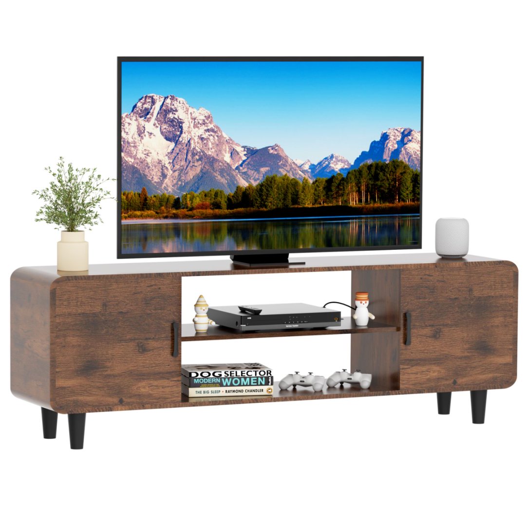 Soporte de TV para Televisor de 55 Pulgadas, Centro de Entretenimiento con Armarios de Almacenamiento, Puerta con Bisagra Suave y Manija, Mesa Consola de TV para Medios en Sala de Estar o Dormitorio, Marrón Rústico