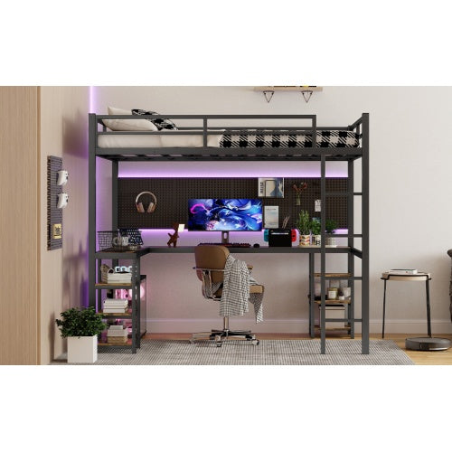 Cama Alta de Metal XL Completa con Escritorio y Estanterías, Cama Alta con Escalera y Barandales, Marco de Cama Alta para Dormitorio, Negro