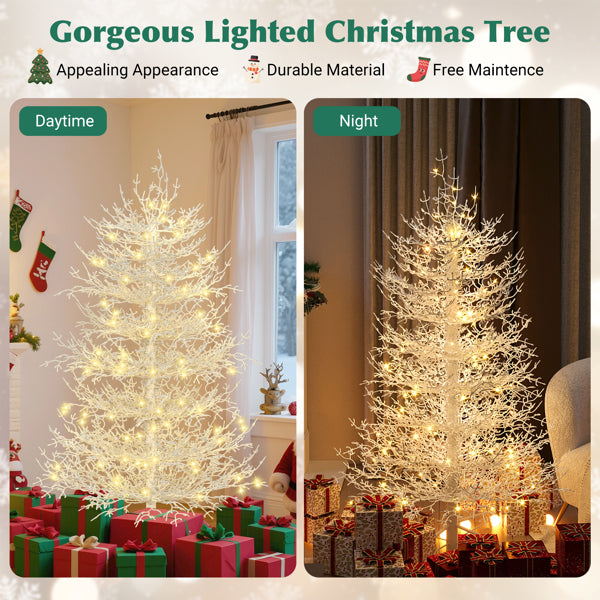 4FT Pre-lit Aspen Fir Artificial Christmas Tree, Hinged Xmas Tree 280 Snow Flocked Branch Tips, 230 Warm White LED Lights, Holiday Coral Christmas Tree For Home Party